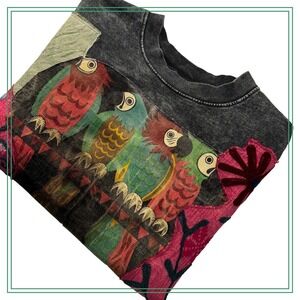 Pretty Rebellious  Upcycled Sweatshirt XL Parrot Patch Acid Wash Crewneck